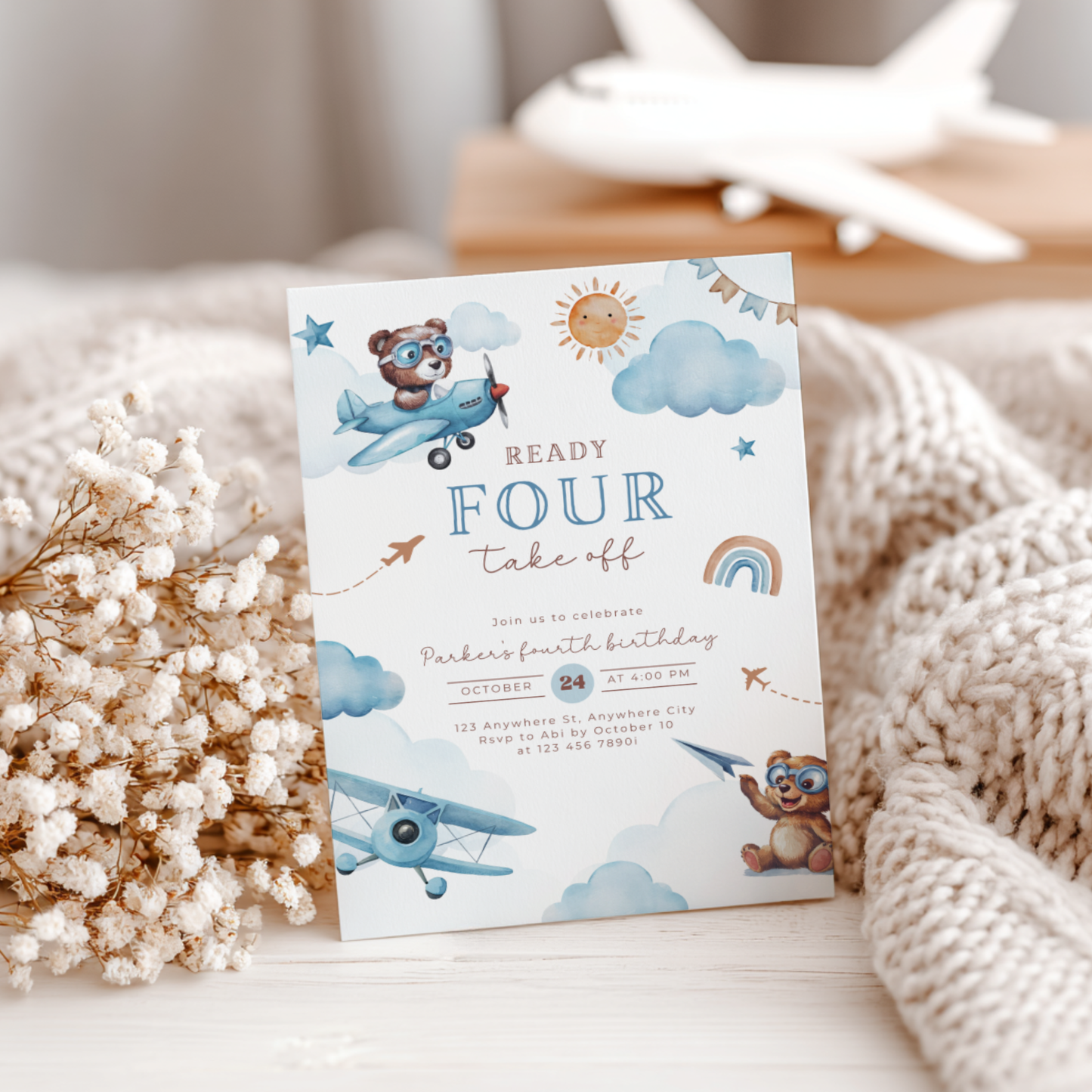 Ready Four Take Off 4th Birthday Invitation Boy L71
