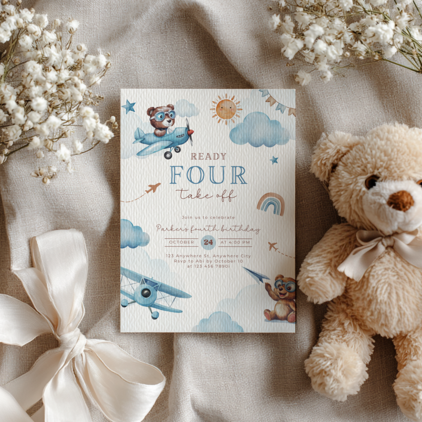 Ready Four Take Off 4th Birthday Invitation Boy L71