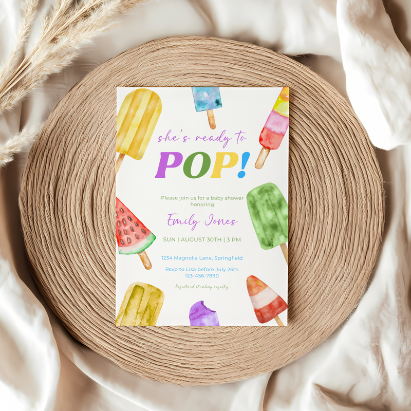 Baby Shower Invitation - She's Ready To Pop Colorful Ice Popsicles BS143