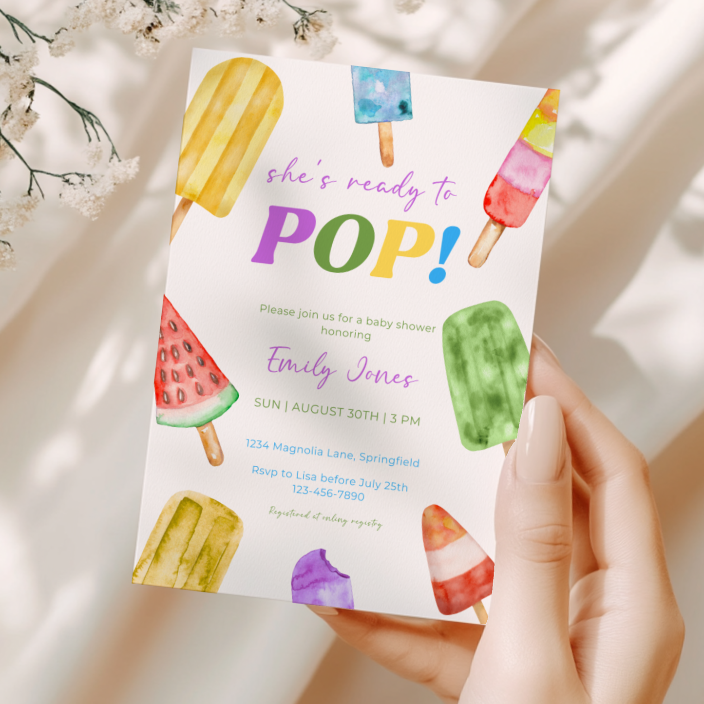 Baby Shower Invitation - She's Ready To Pop Colorful Ice Popsicles BS143