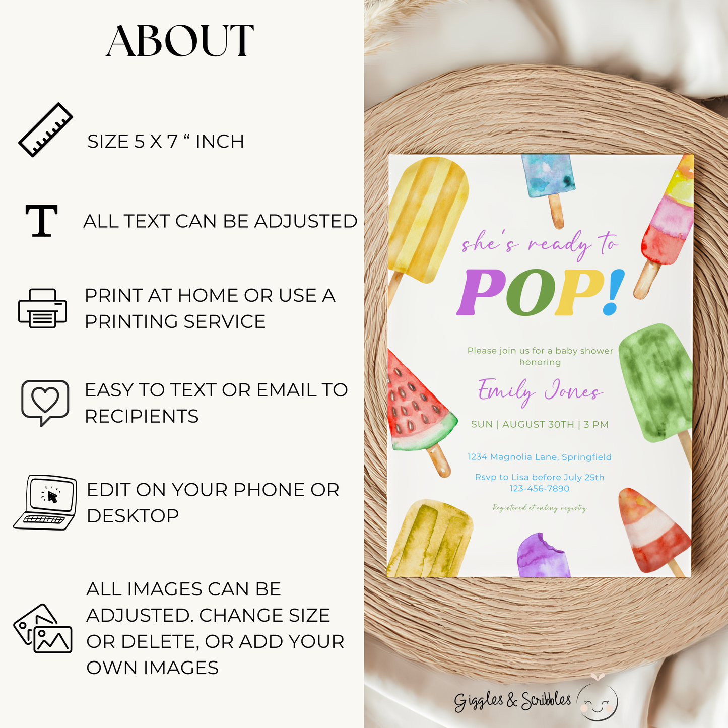 Baby Shower Invitation - She's Ready To Pop Colorful Ice Popsicles BS143
