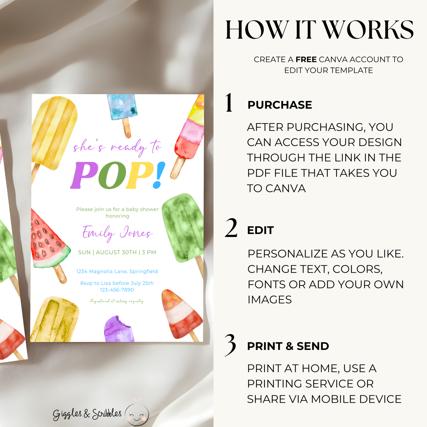 Baby Shower Invitation - She's Ready To Pop Colorful Ice Popsicles BS143
