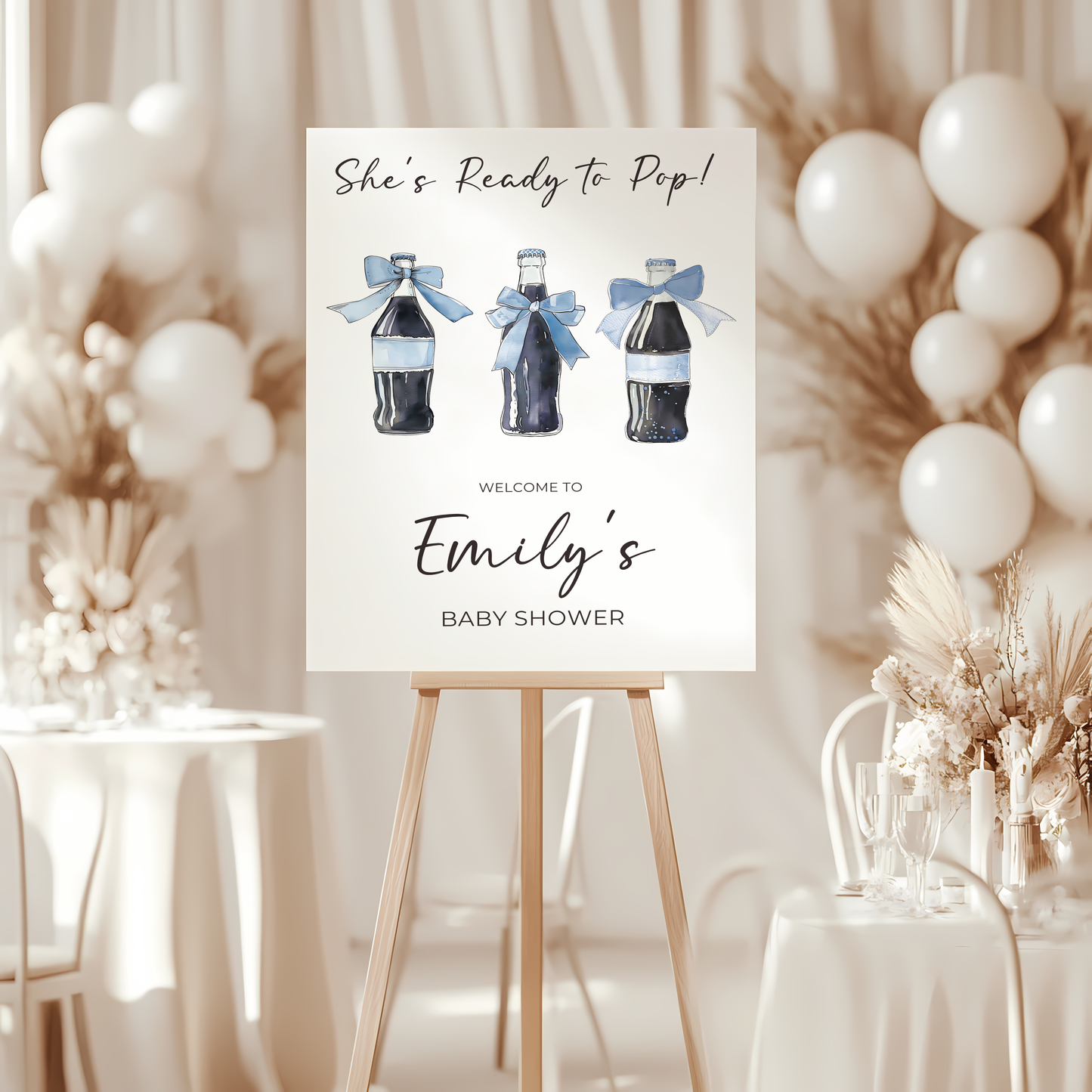 Baby Shower Welcome Sign - She's Ready To Pop Soda Cola Blue Bows Boy BS153