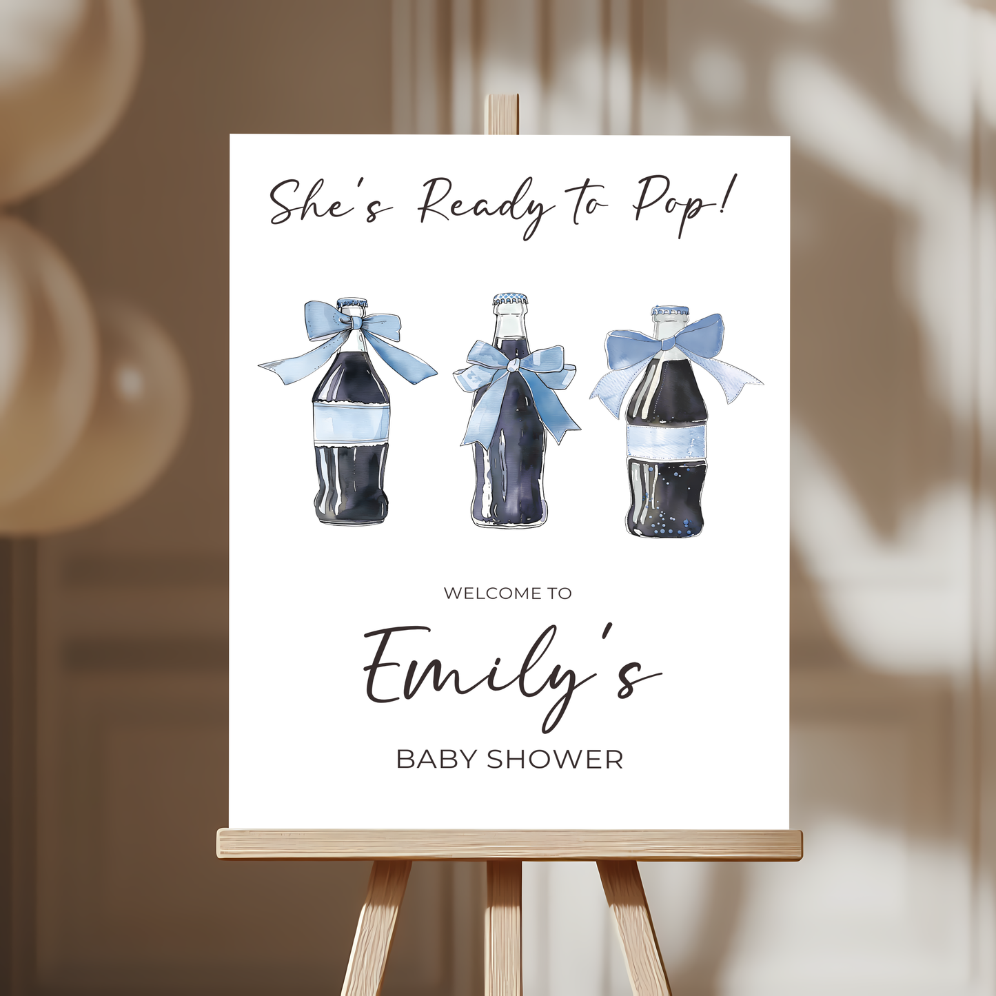 Baby Shower Welcome Sign - She's Ready To Pop Soda Cola Blue Bows Boy BS153