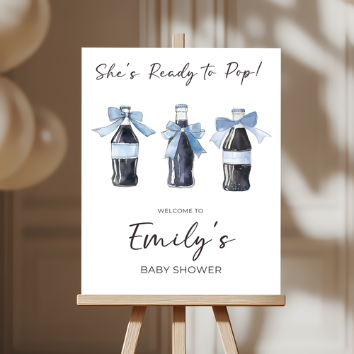 Baby Shower Welcome Sign - She's Ready To Pop Soda Cola Blue Bows Boy BS153