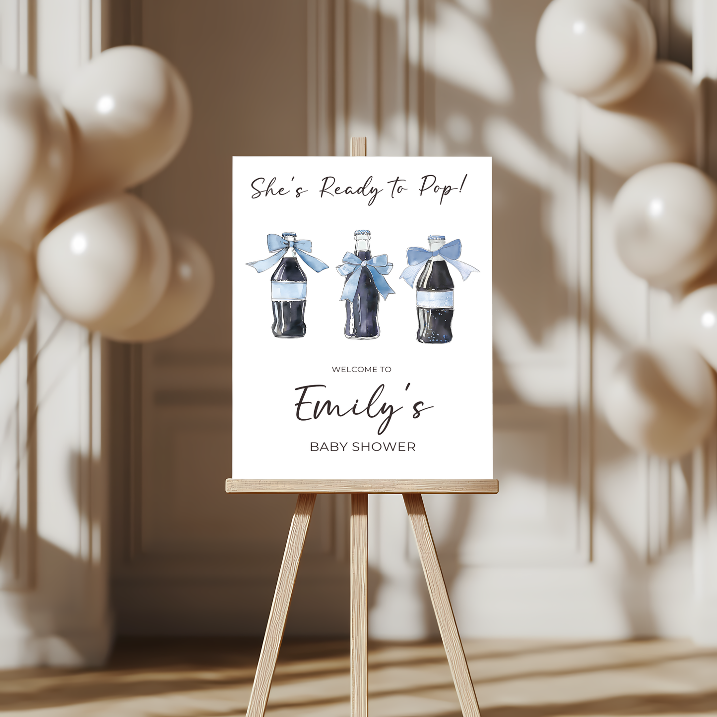 Baby Shower Welcome Sign - She's Ready To Pop Soda Cola Blue Bows Boy BS153