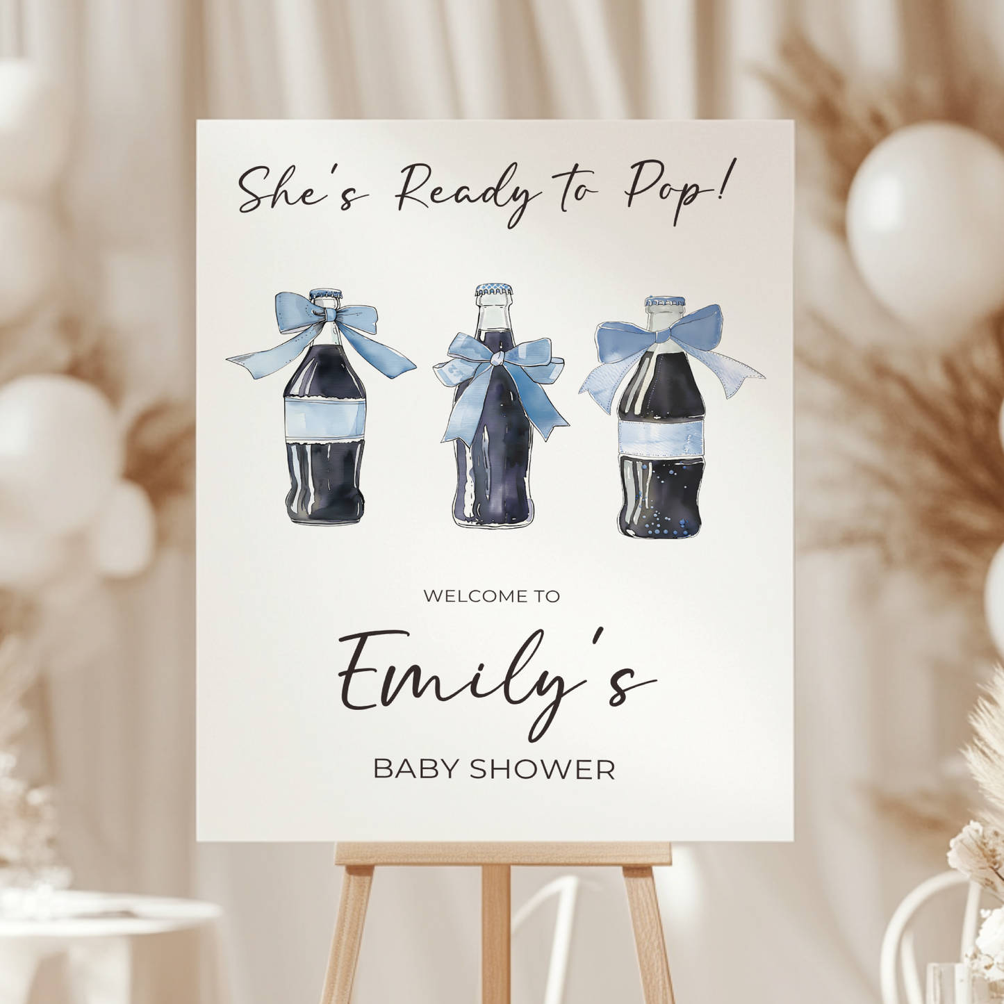 Baby Shower Welcome Sign - She's Ready To Pop Soda Cola Blue Bows Boy BS153
