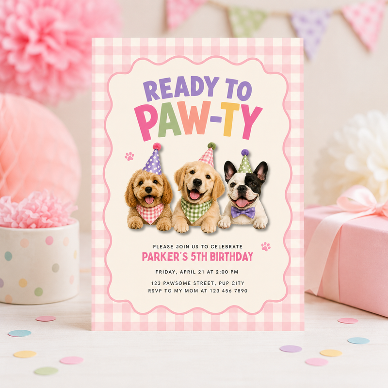 Ready to Paw-ty Puppy Dog Birthday Invitation L166