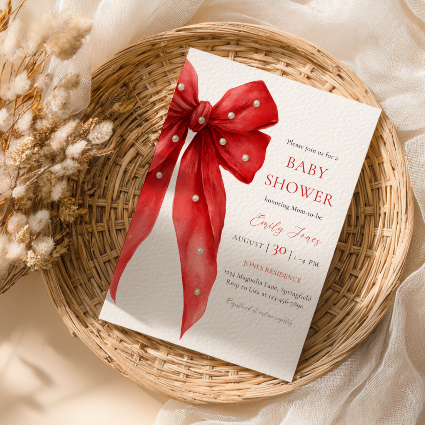 Baby Shower Invitation - Red Bow with Pearls BS240