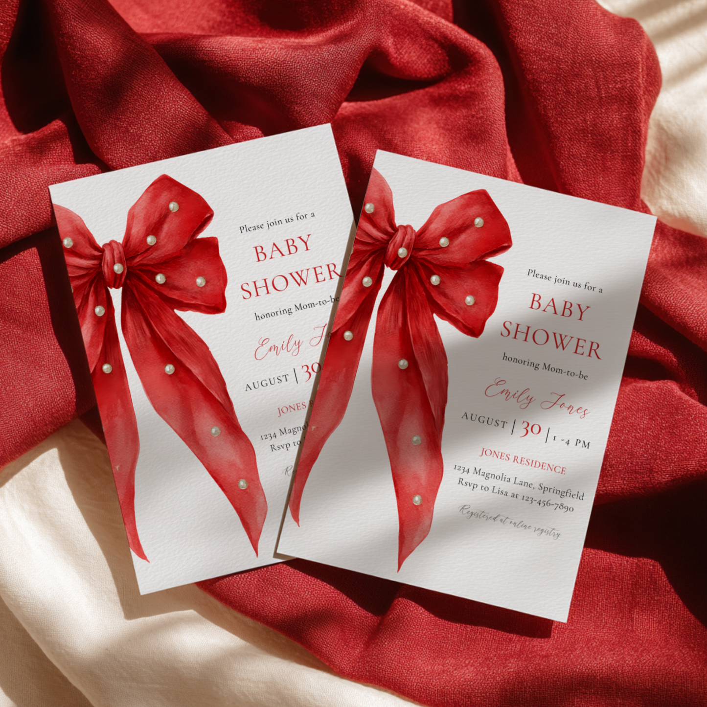 Baby Shower Invitation - Red Bow with Pearls BS240