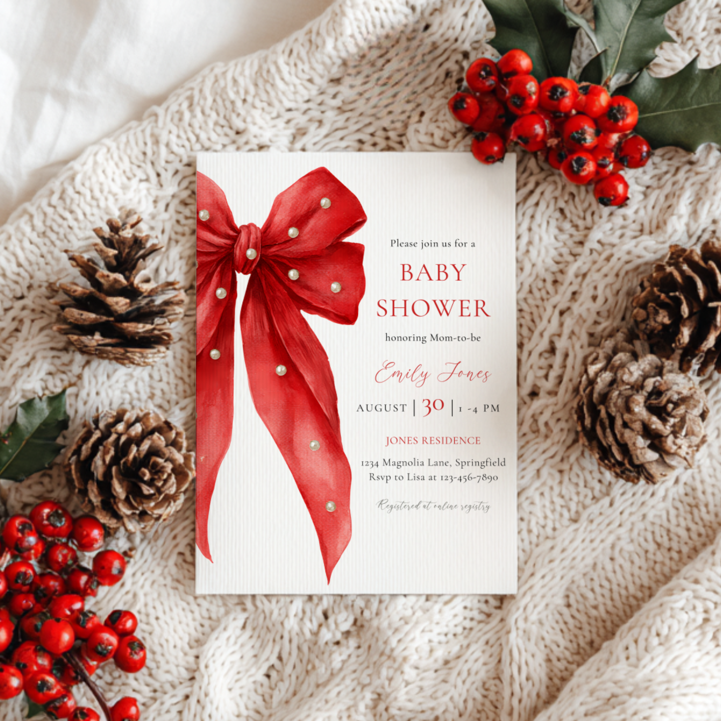 Baby Shower Invitation - Red Bow with Pearls BS240
