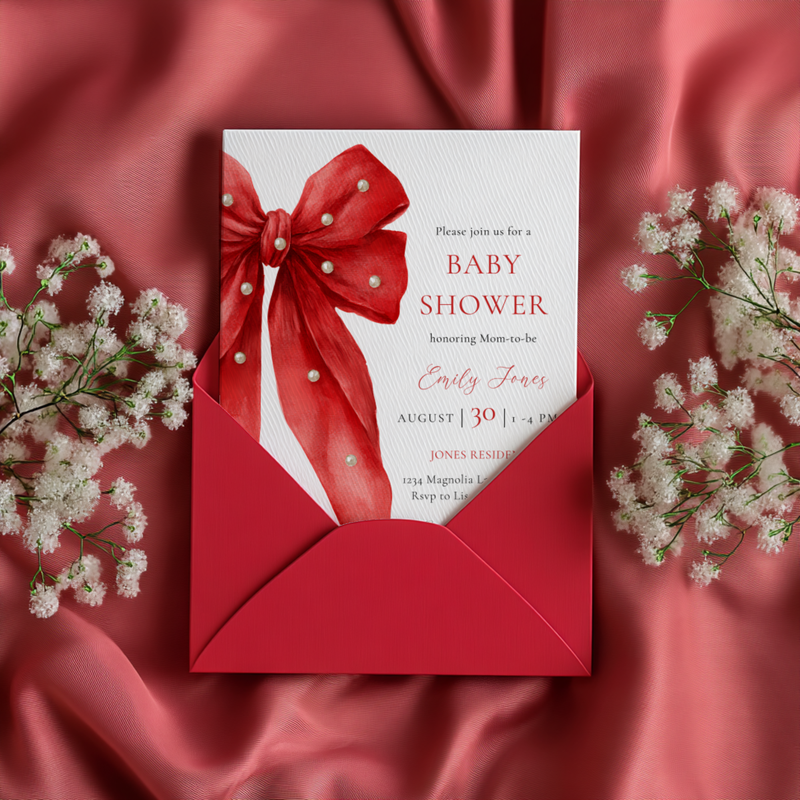 Baby Shower Invitation - Red Bow with Pearls BS240