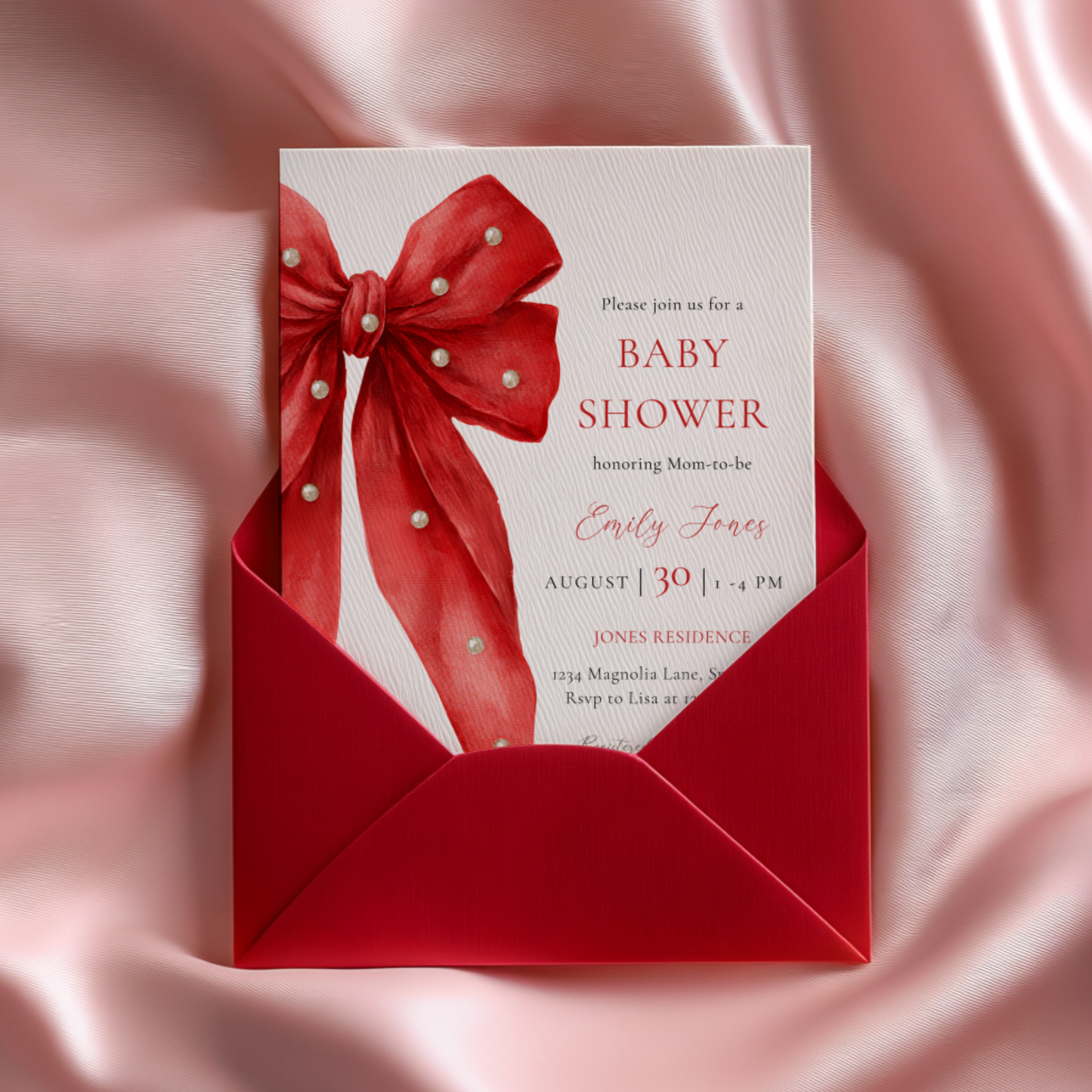 Baby Shower Invitation - Red Bow with Pearls BS240