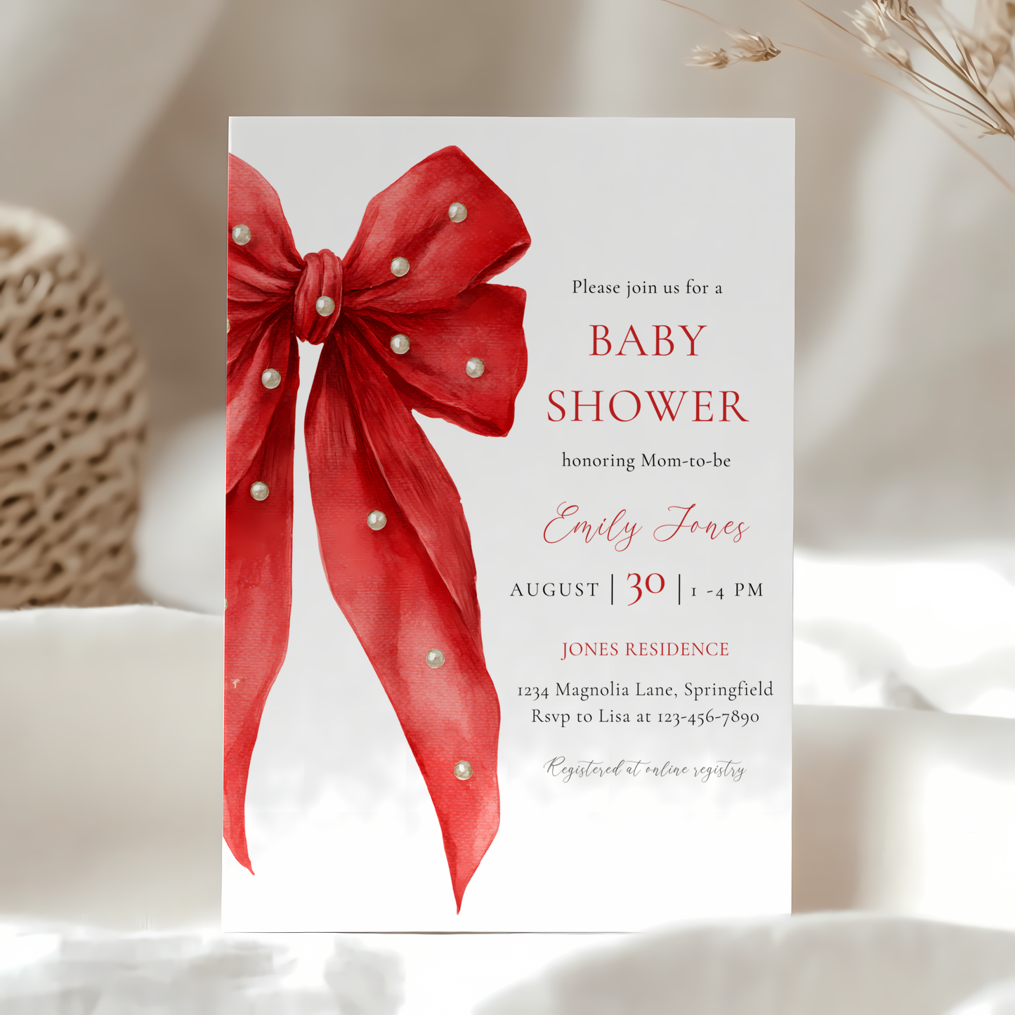 Baby Shower Invitation - Red Bow with Pearls BS240