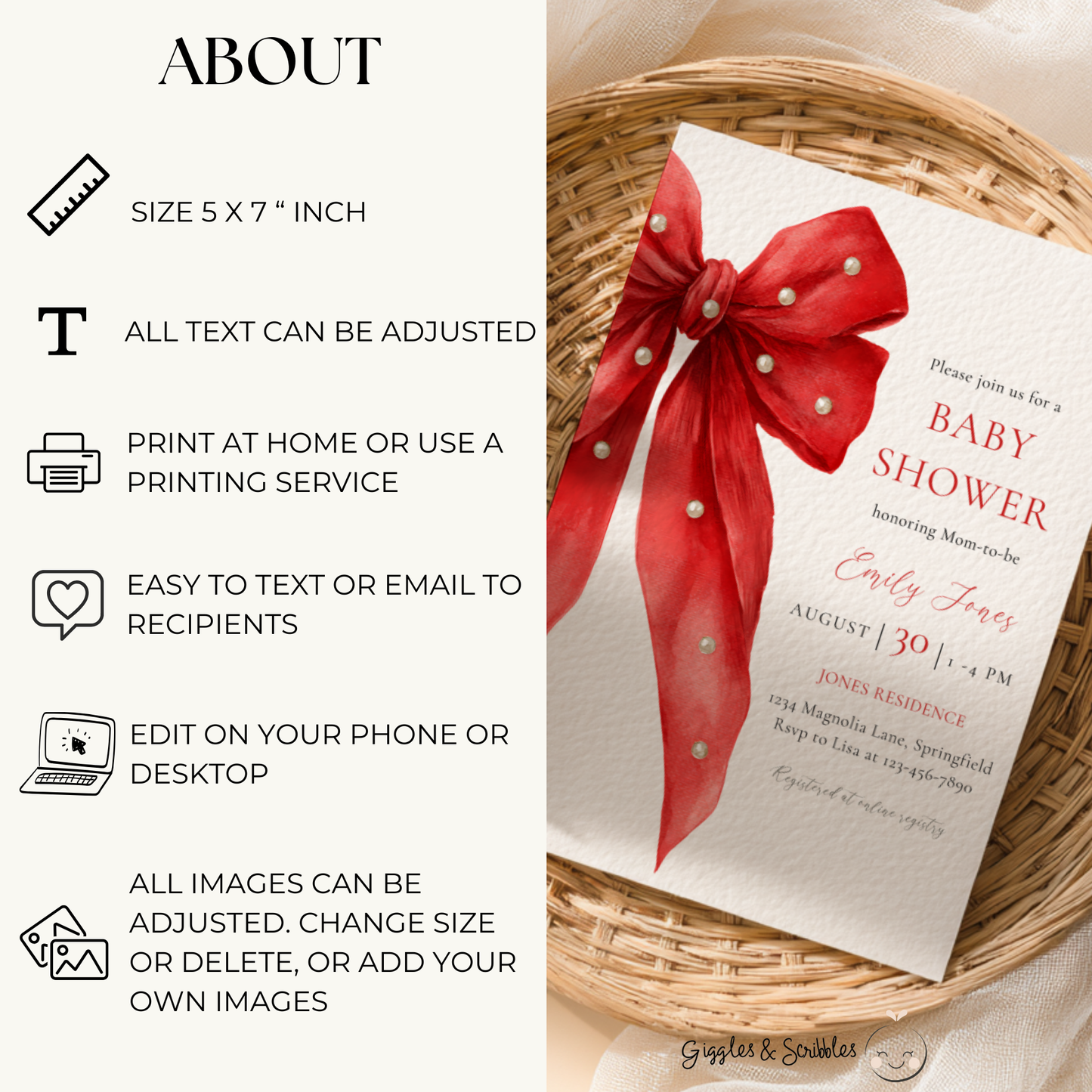 Baby Shower Invitation - Red Bow with Pearls BS240