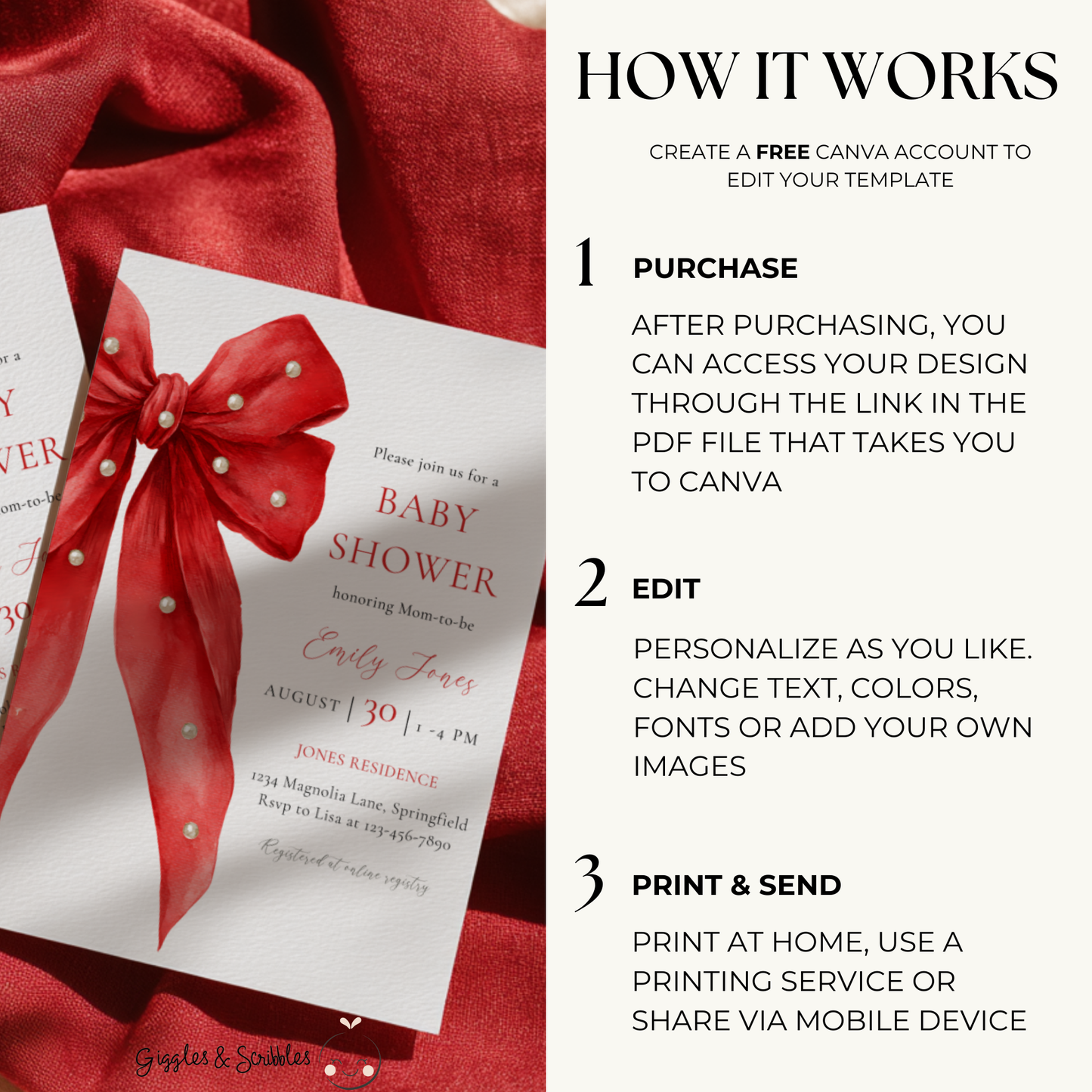 Baby Shower Invitation - Red Bow with Pearls BS240