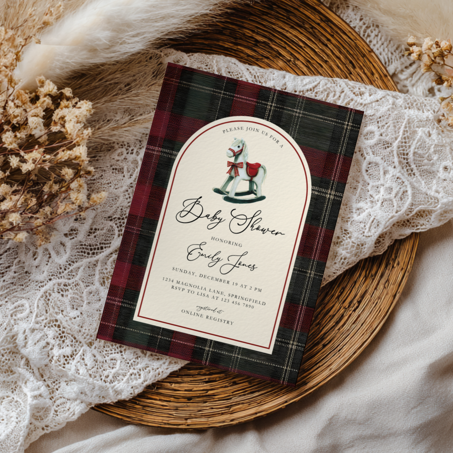 Rocking Horse Classic Plaid Baby Shower Invitation BS269