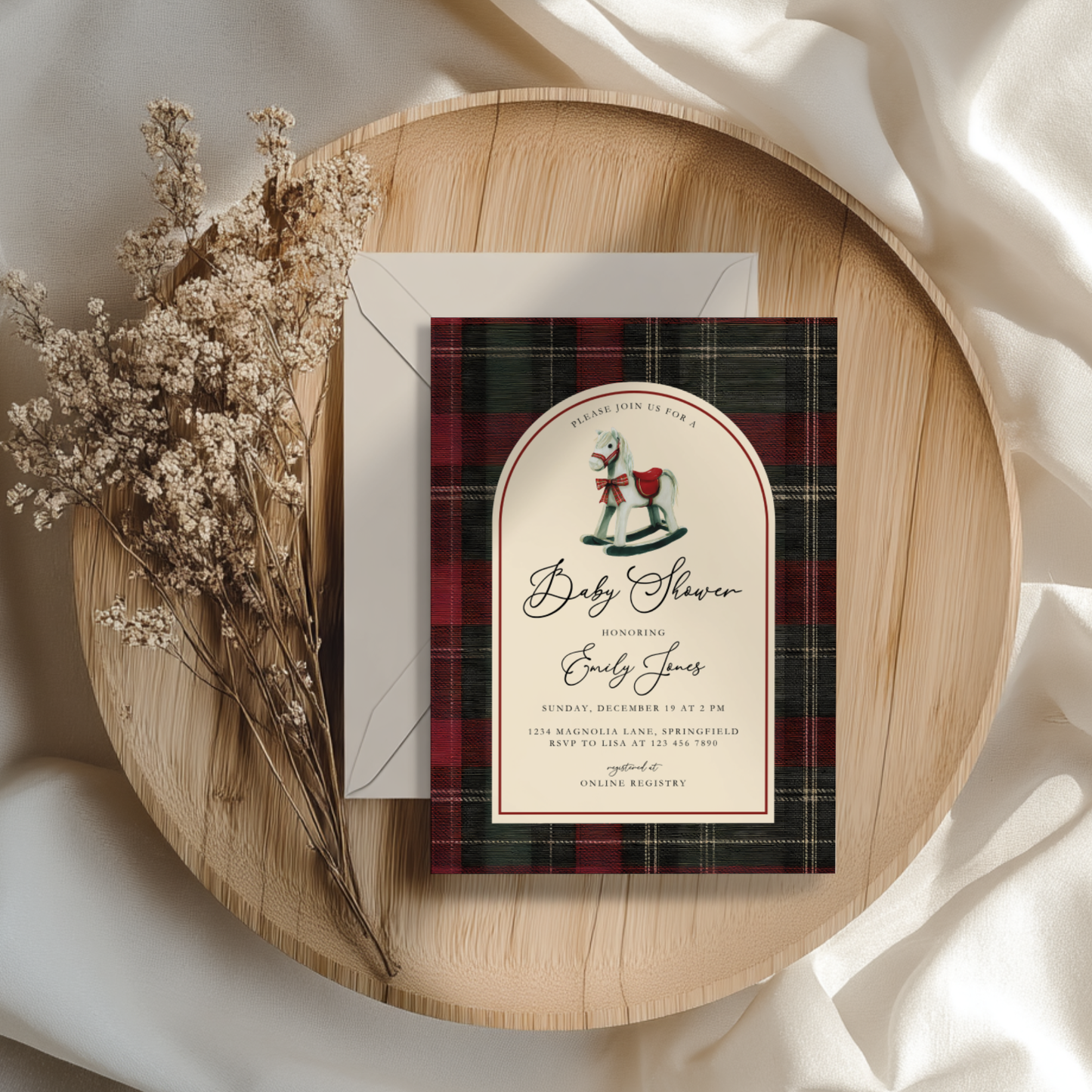 Rocking Horse Classic Plaid Baby Shower Invitation BS269