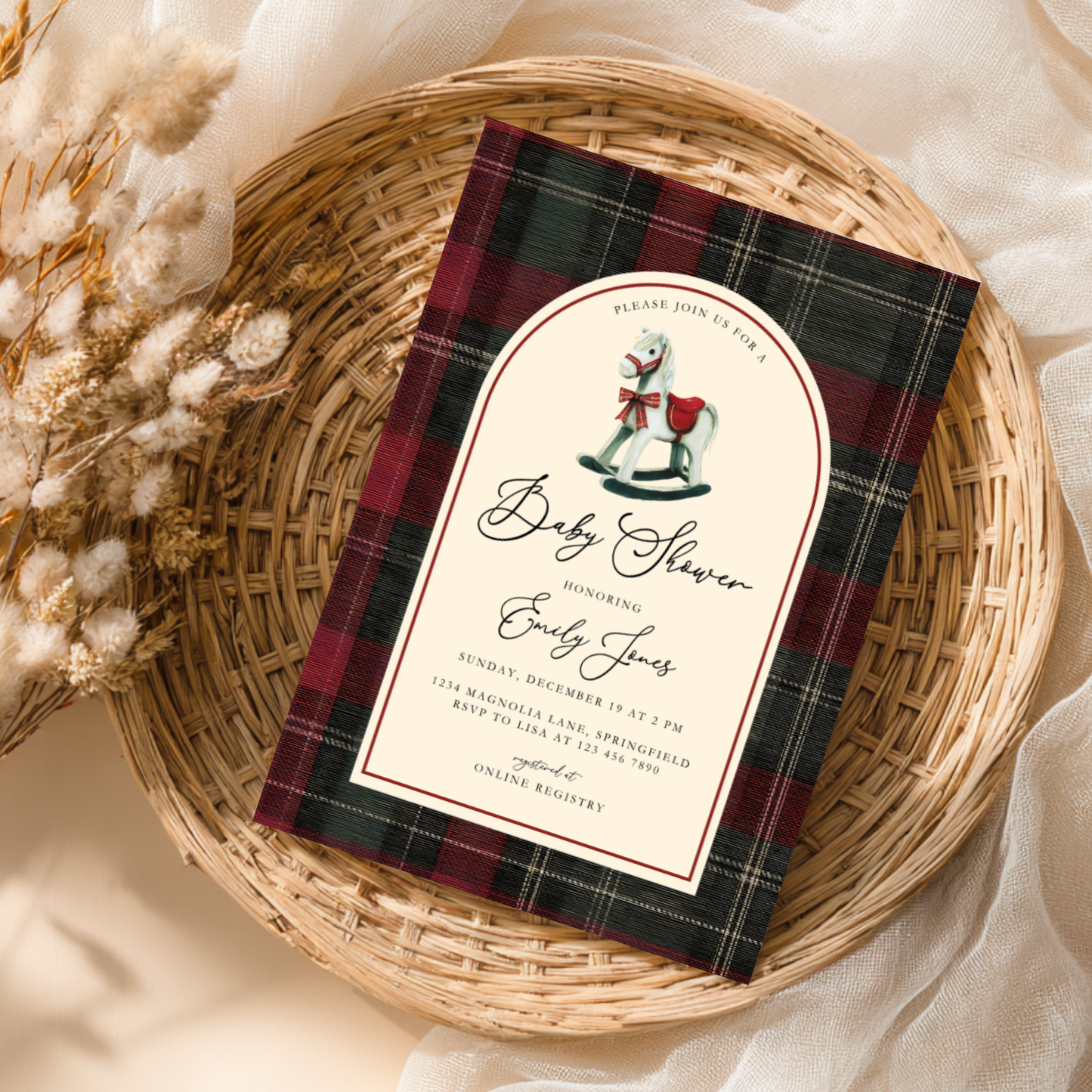 Rocking Horse Classic Plaid Baby Shower Invitation BS269