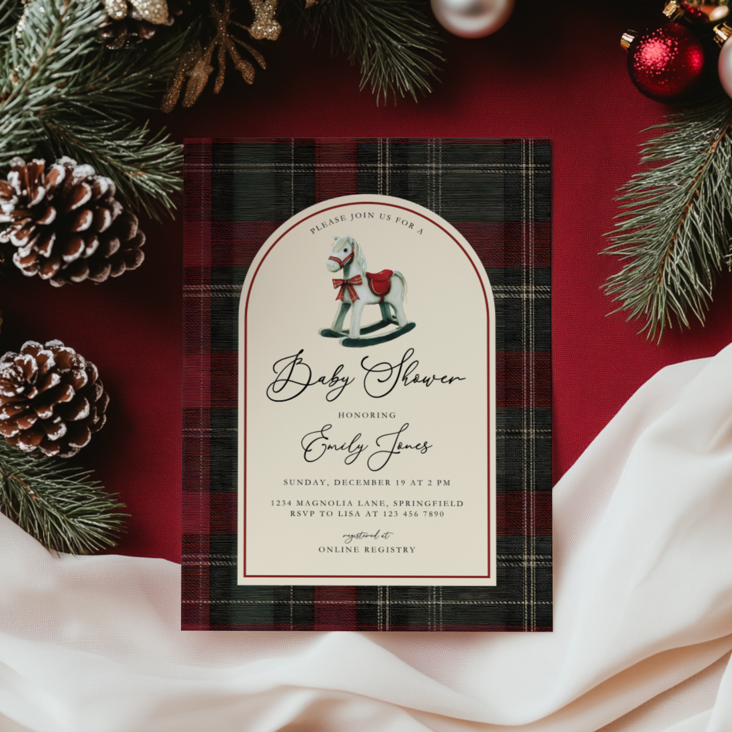 Rocking Horse Classic Plaid Baby Shower Invitation BS269