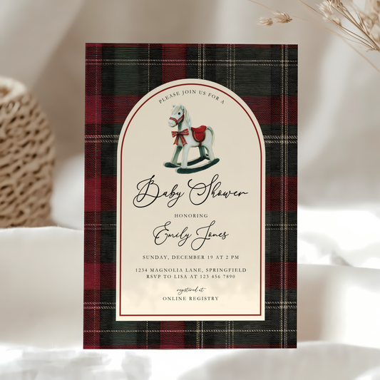 Rocking Horse Classic Plaid Baby Shower Invitation BS269