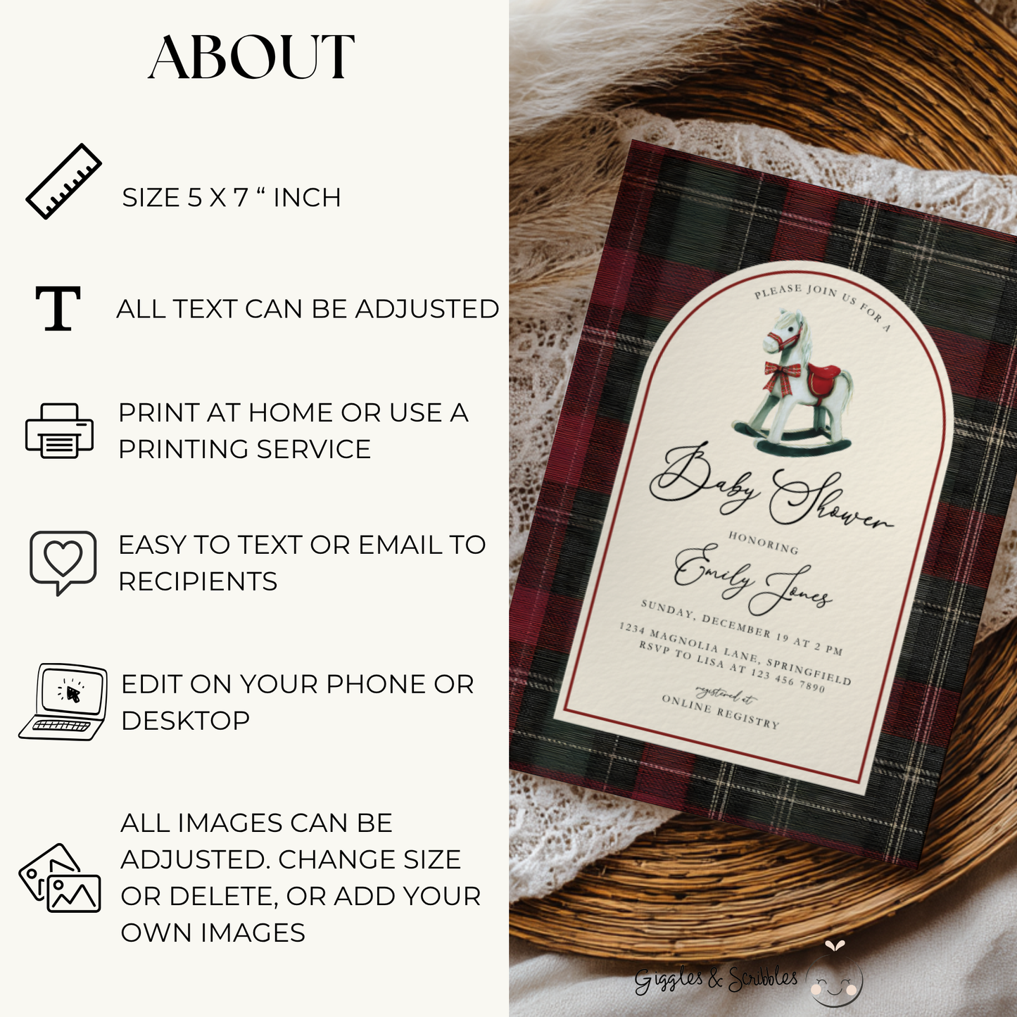 Rocking Horse Classic Plaid Baby Shower Invitation BS269