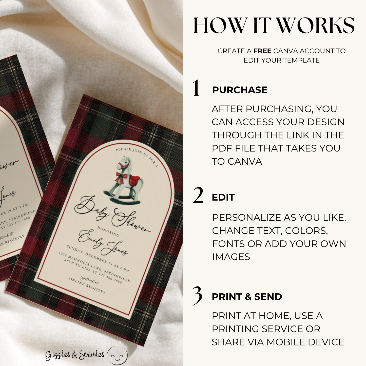 Rocking Horse Classic Plaid Baby Shower Invitation BS269