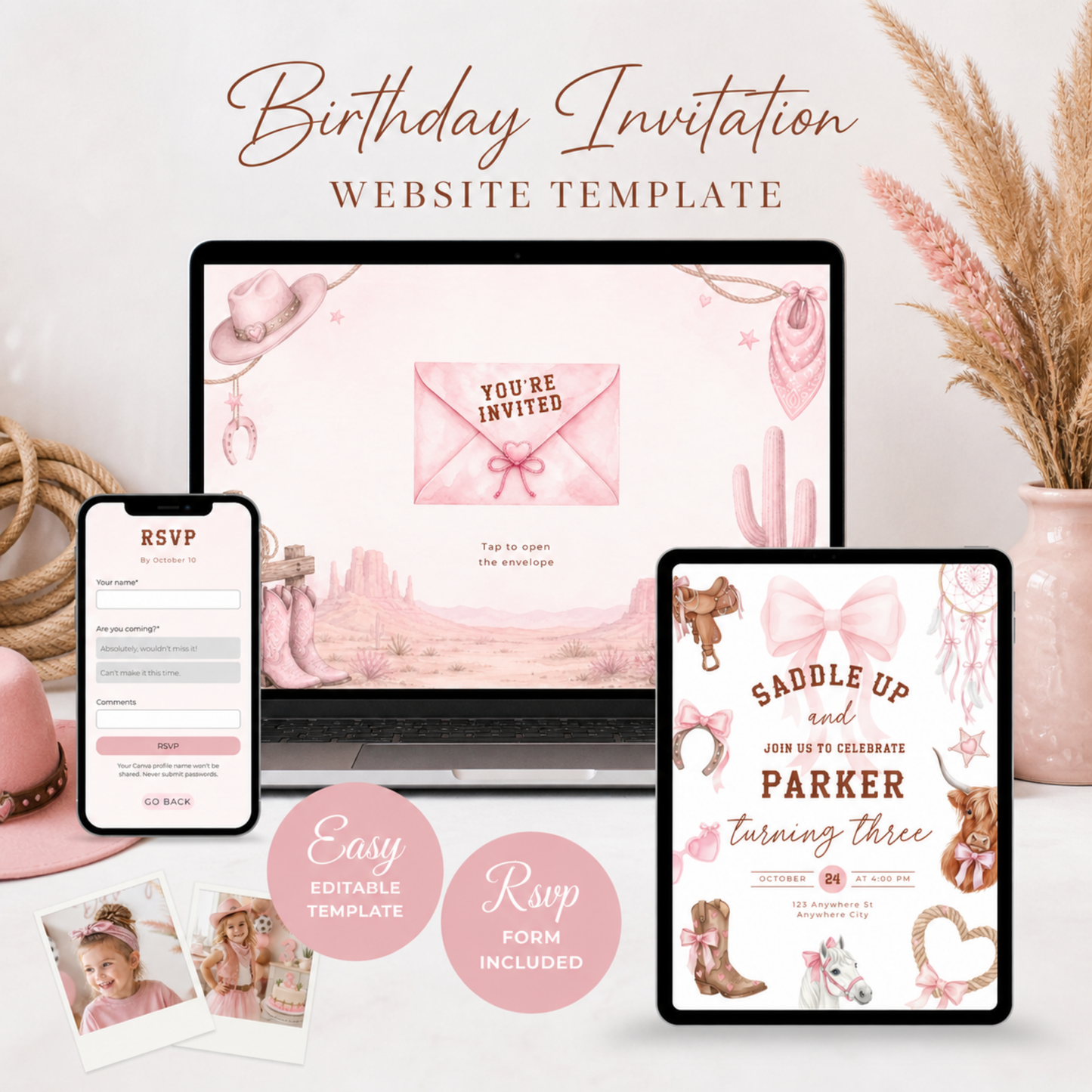 Cowgirl Rodeo Birthday Invitation Website Template with RSVP L75