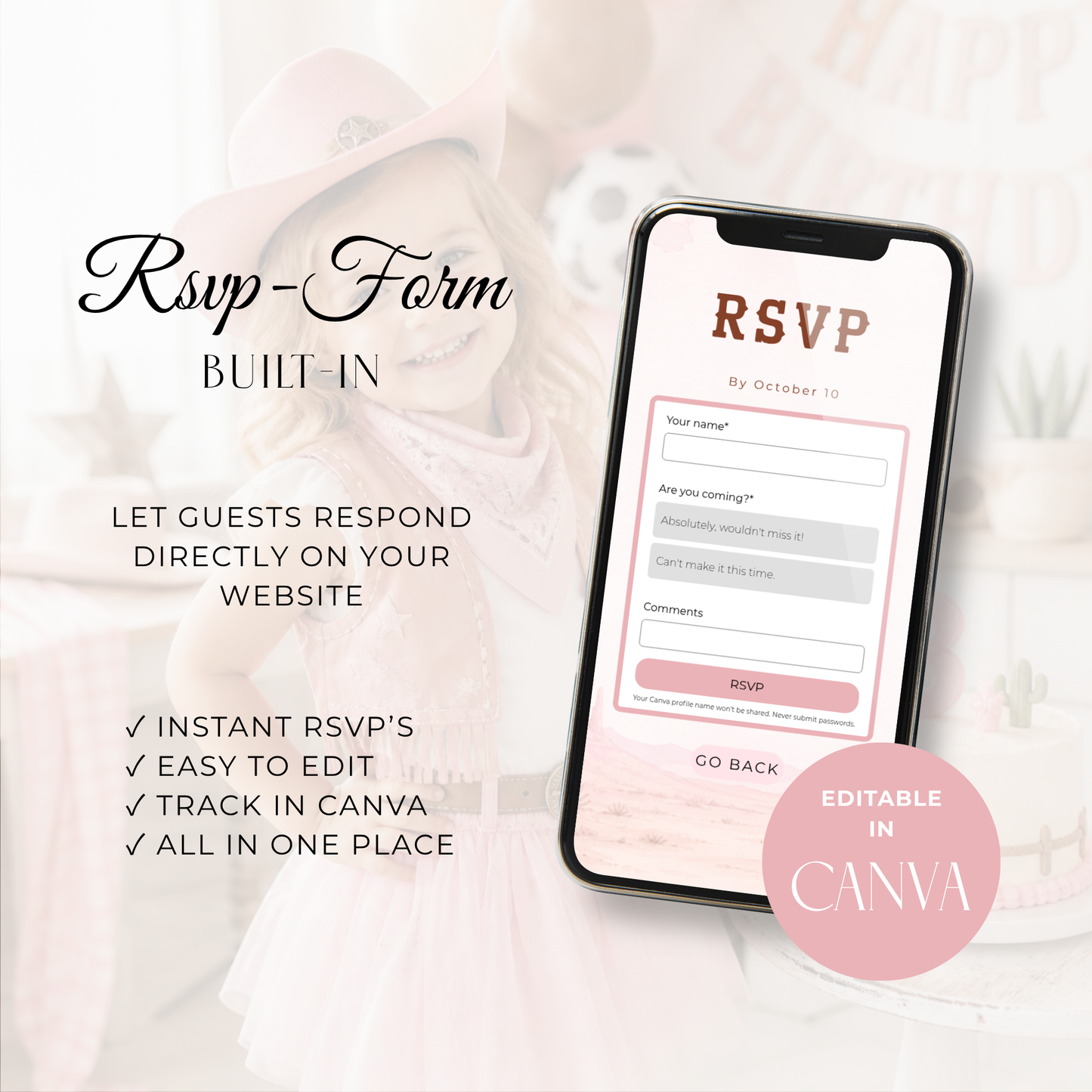 Cowgirl Rodeo Birthday Invitation Website Template with RSVP L75