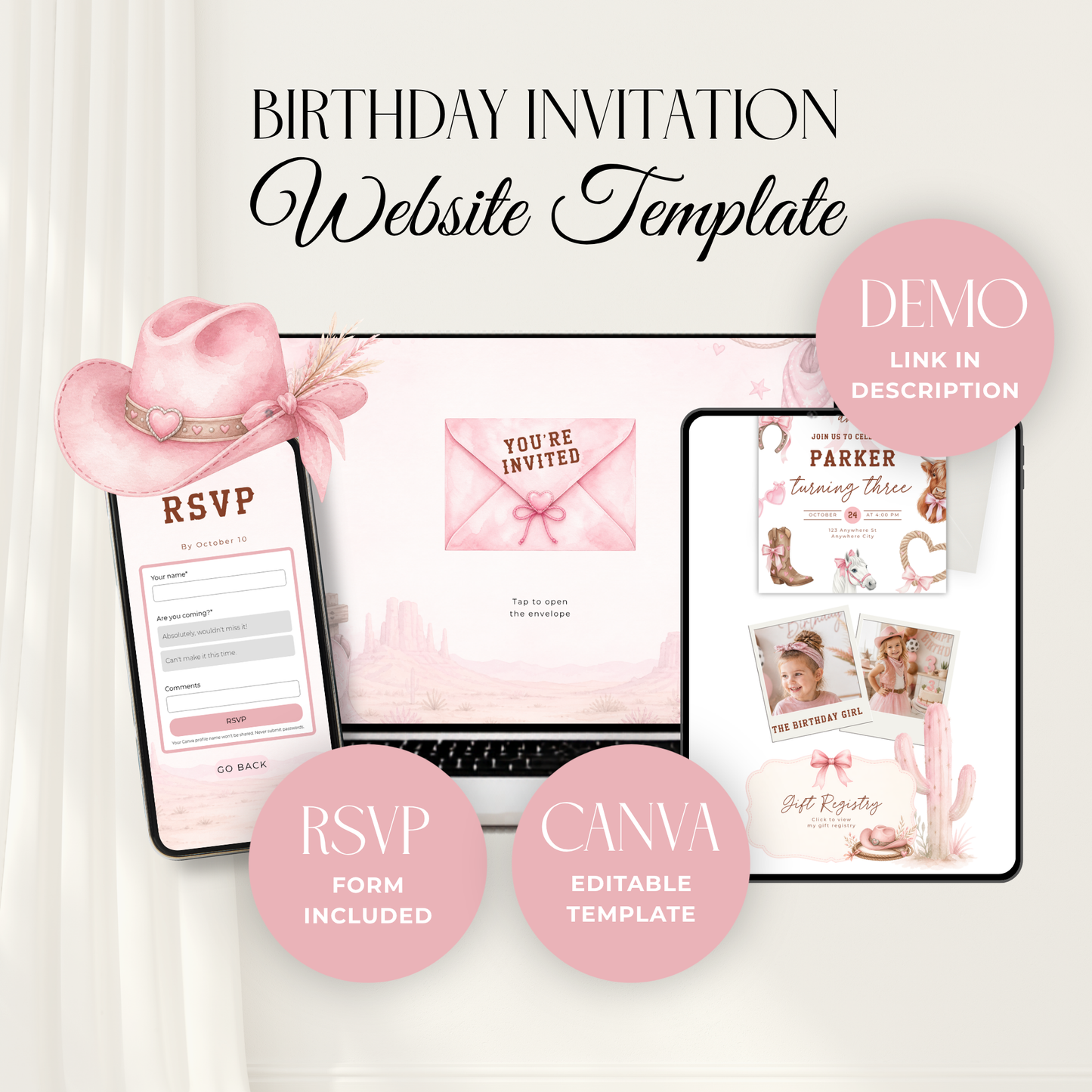Cowgirl Rodeo Birthday Invitation Website Template with RSVP L75