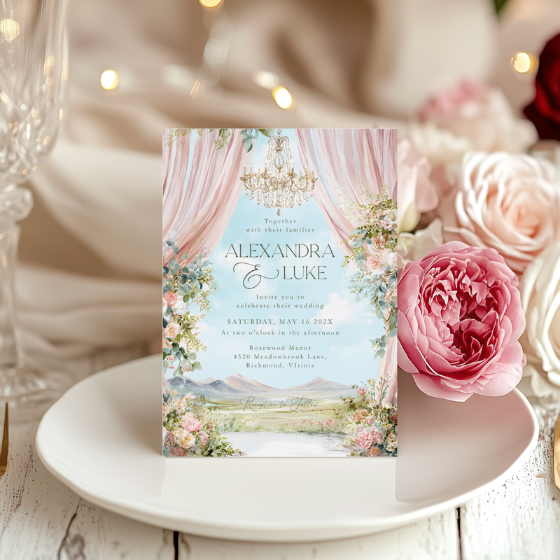 Editable Romantic Floral Wedding Invitation with Outdoor Scenery L55
