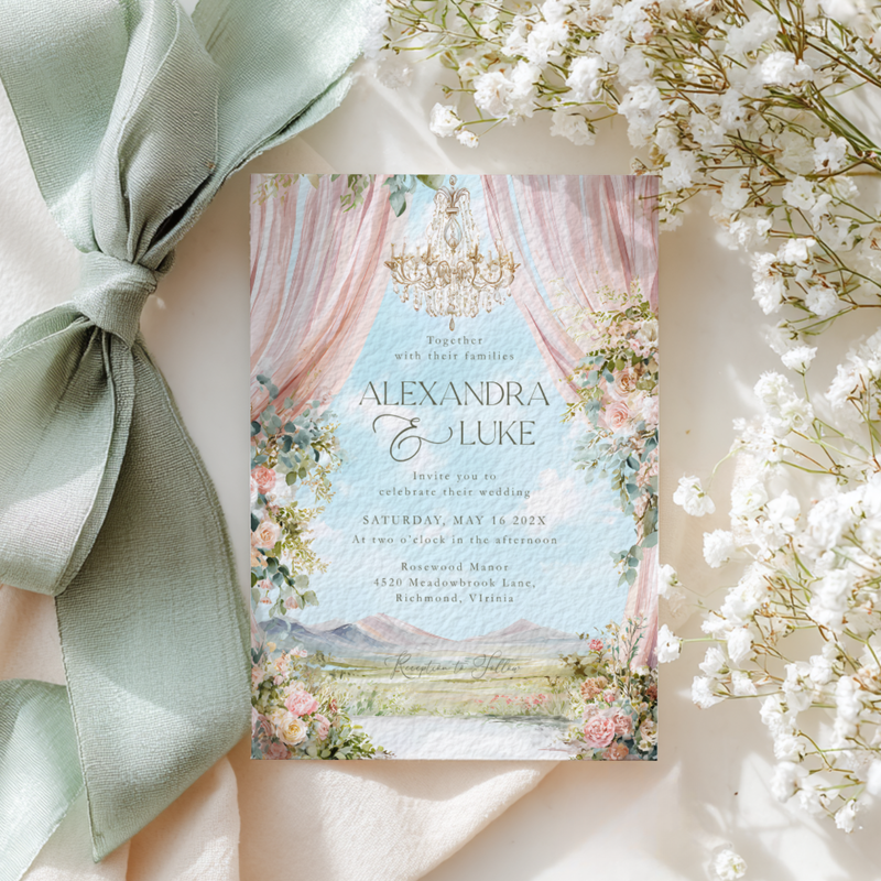 Editable Romantic Floral Wedding Invitation with Outdoor Scenery L55