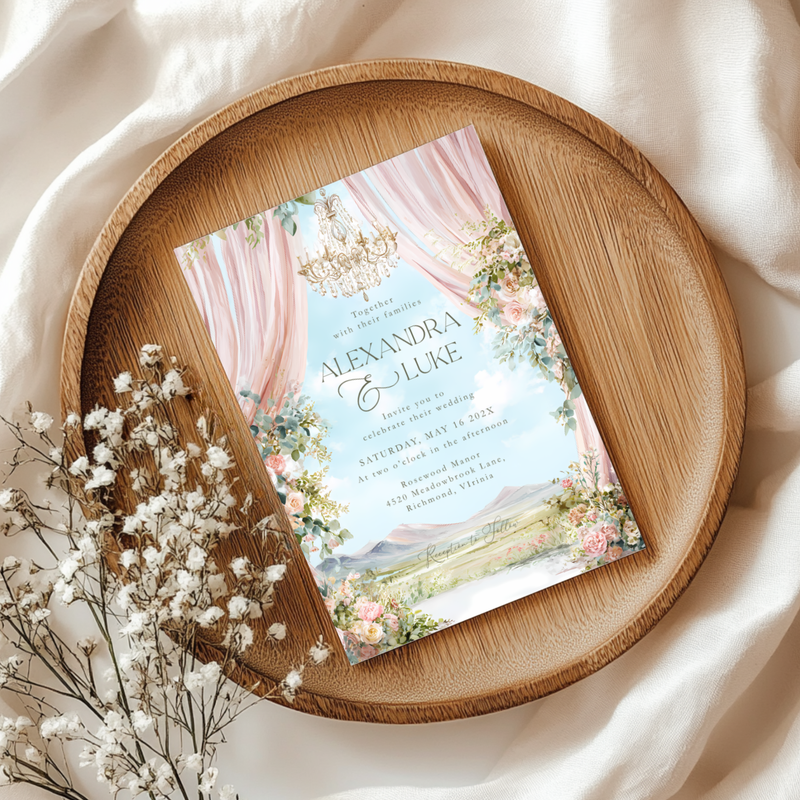 Editable Romantic Floral Wedding Invitation with Outdoor Scenery L55