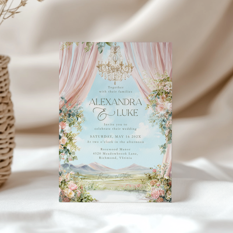 Editable Romantic Floral Wedding Invitation with Outdoor Scenery L55