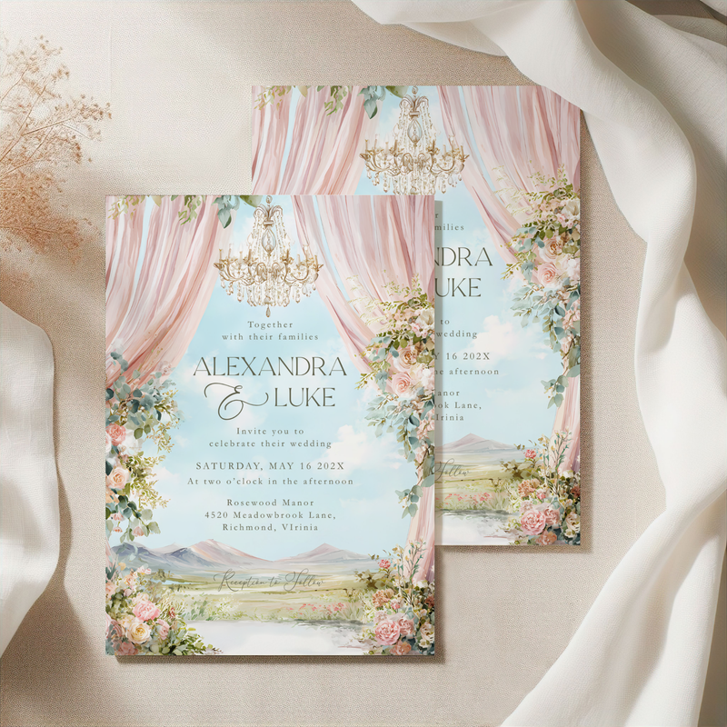 Editable Romantic Floral Wedding Invitation with Outdoor Scenery L55