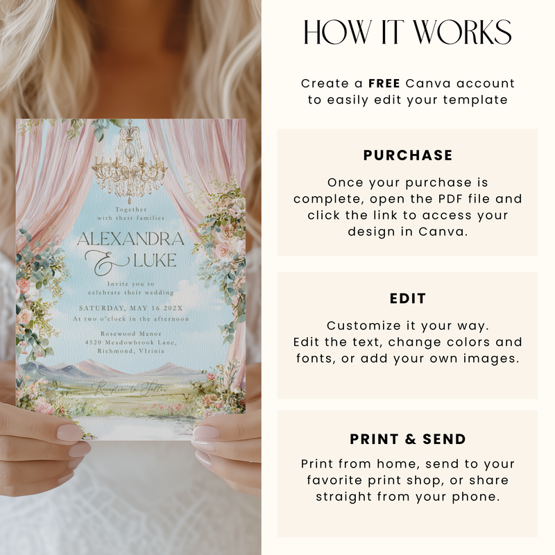 Editable Romantic Floral Wedding Invitation with Outdoor Scenery L55
