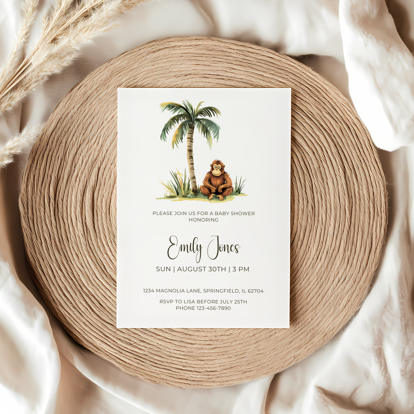 Baby Shower Invitation - Safari Monkey Little Wild One BS136