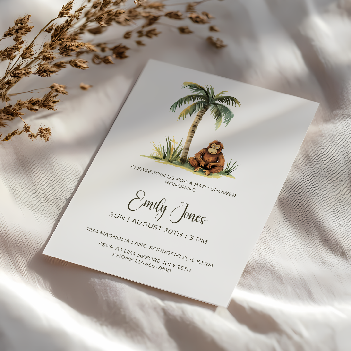 Baby Shower Invitation - Safari Monkey Little Wild One BS136