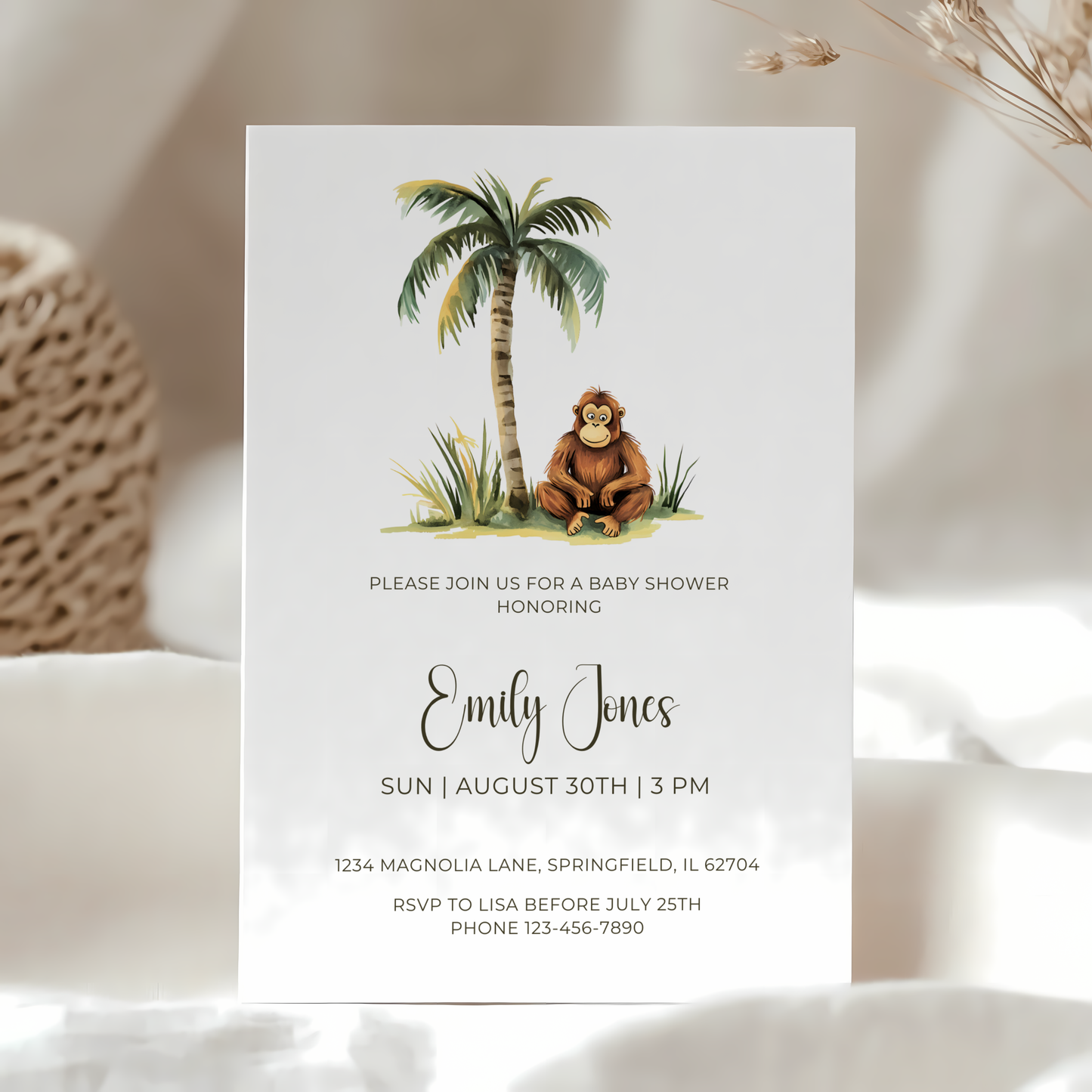 Baby Shower Invitation - Safari Monkey Little Wild One BS136