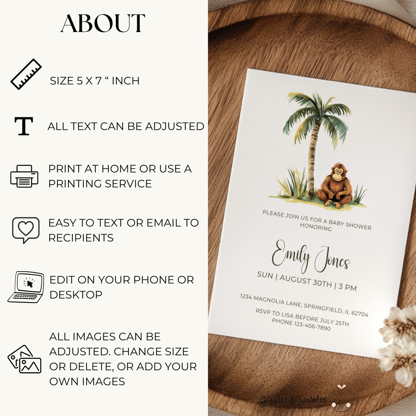 Baby Shower Invitation - Safari Monkey Little Wild One BS136