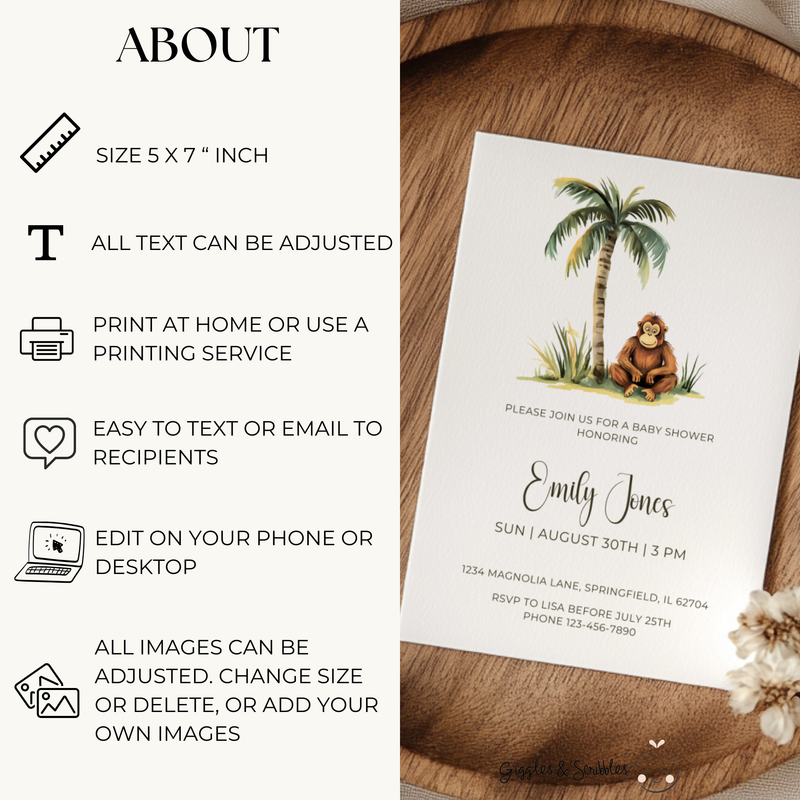 Baby Shower Invitation - Safari Monkey Little Wild One BS136