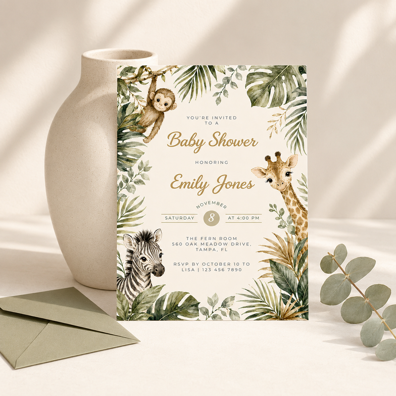 Safari Baby Shower Invitation with Jungle Animals BS319