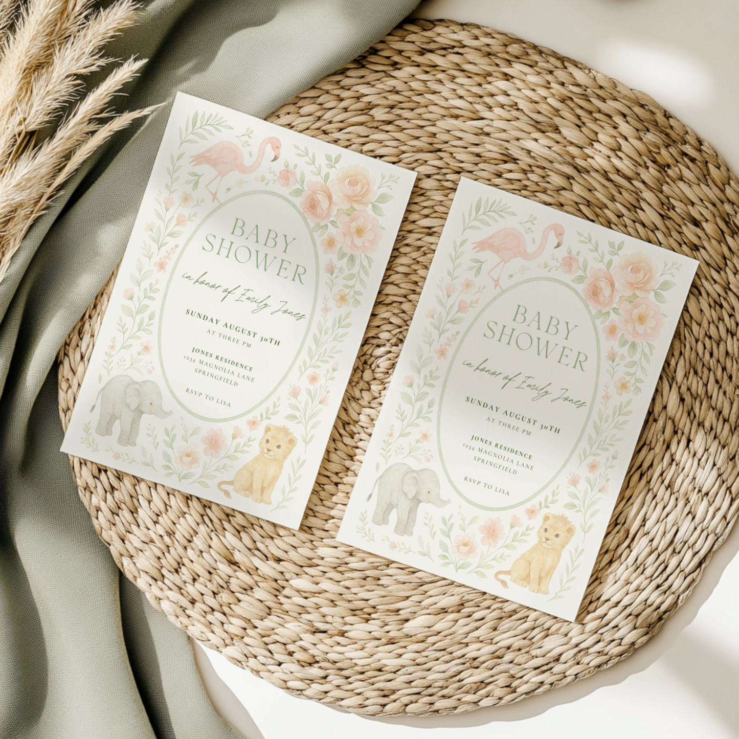 Baby Shower Invitation - Safari Girl Pastel Floral BS193