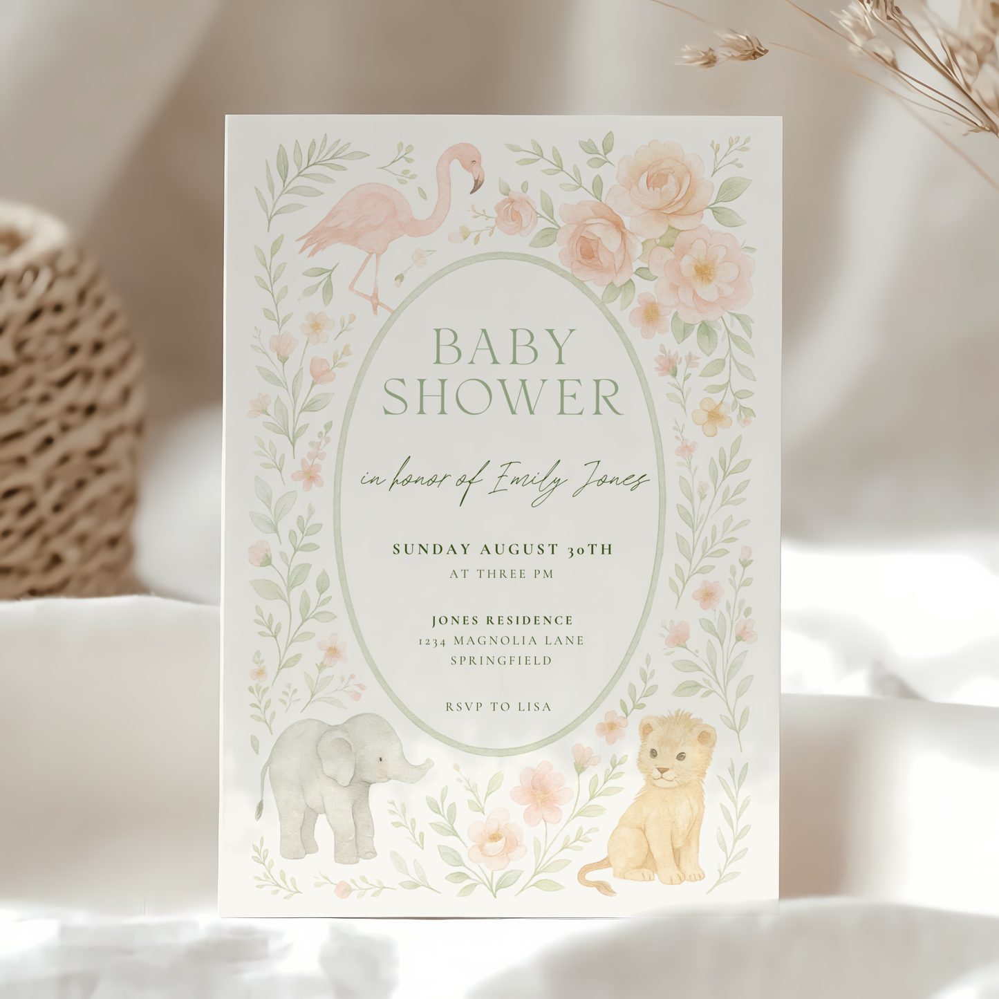 Baby Shower Invitation - Safari Girl Pastel Floral BS193