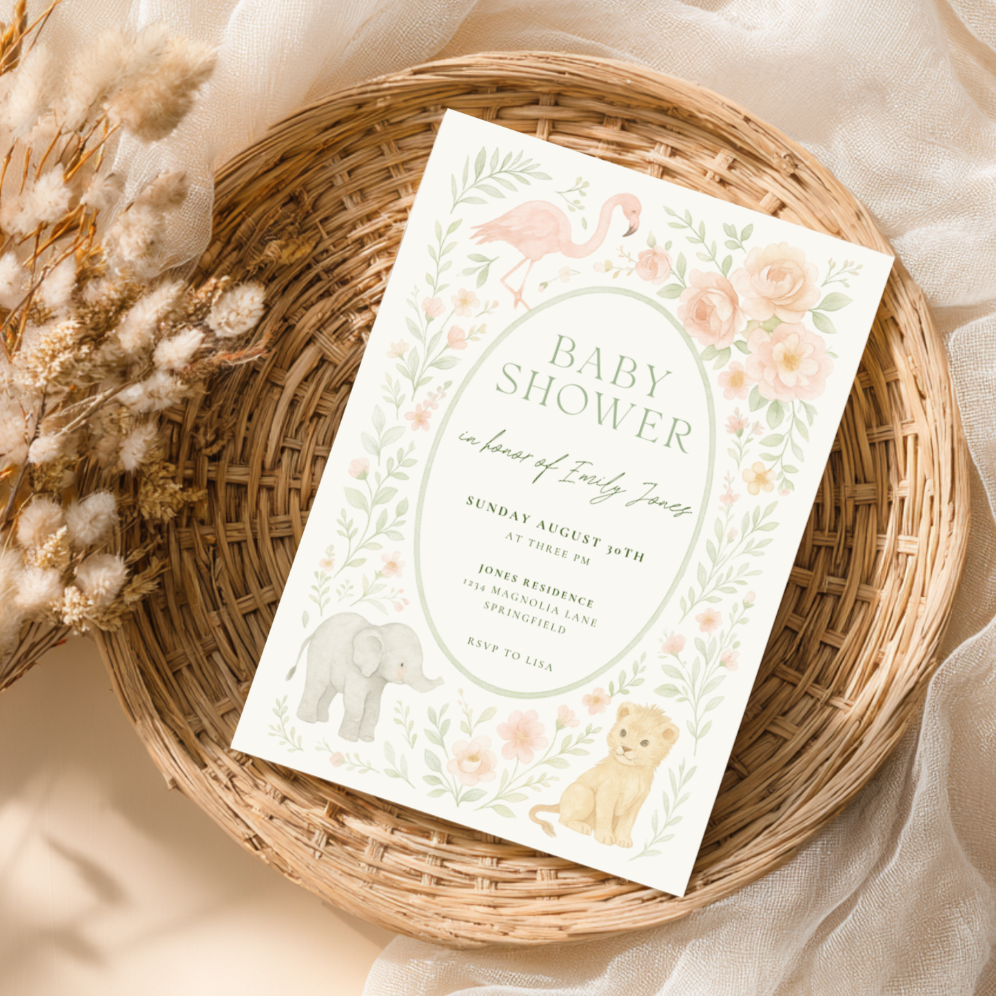 Baby Shower Invitation - Safari Girl Pastel Floral BS193