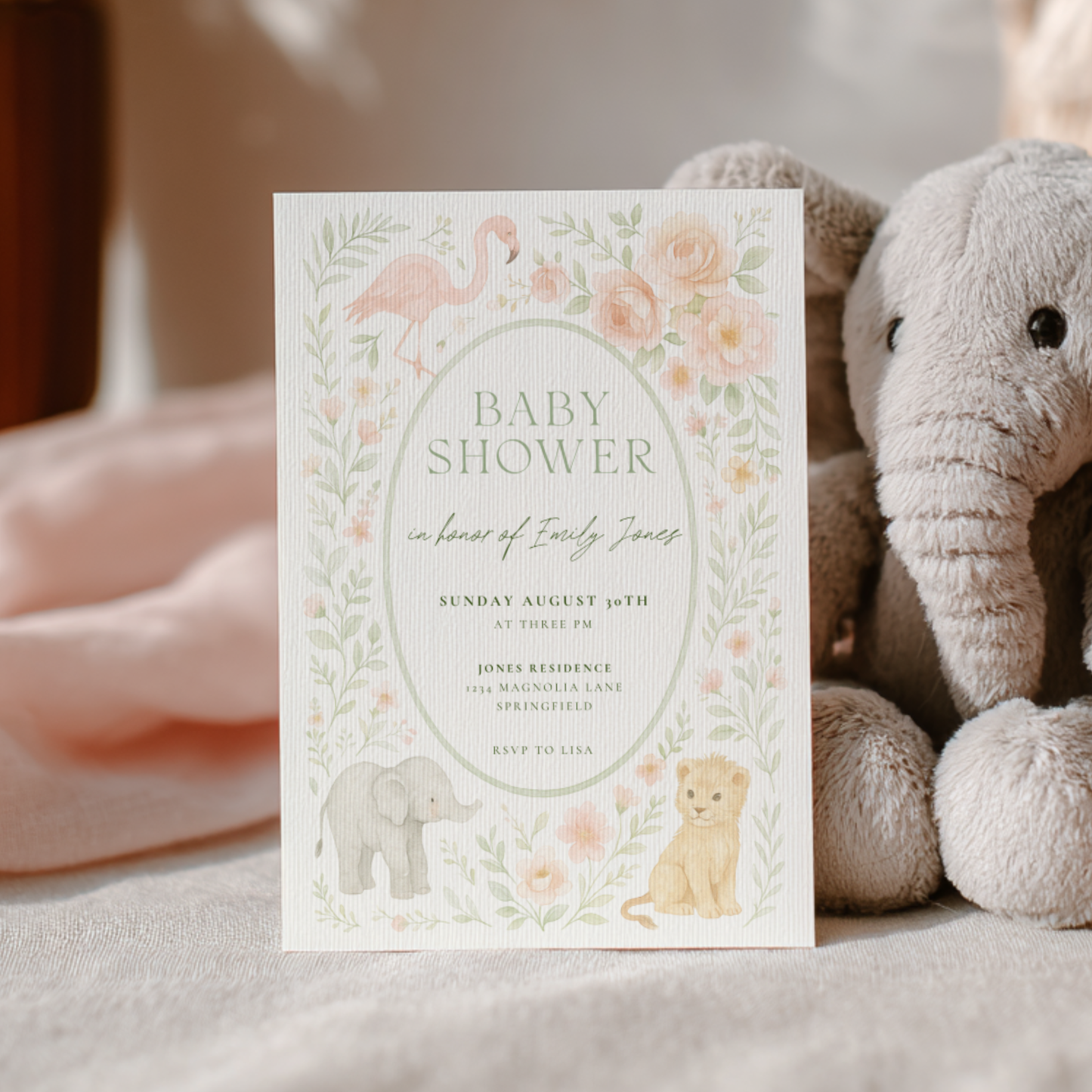 Baby Shower Invitation - Safari Girl Pastel Floral BS193