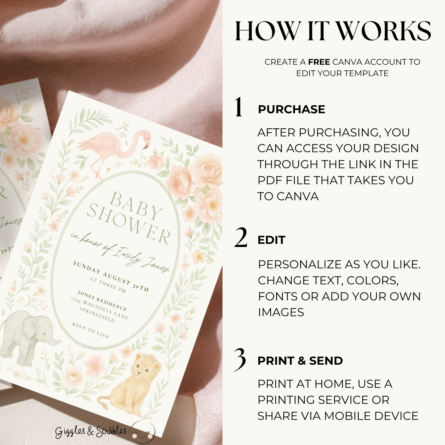 Baby Shower Invitation - Safari Girl Pastel Floral BS193