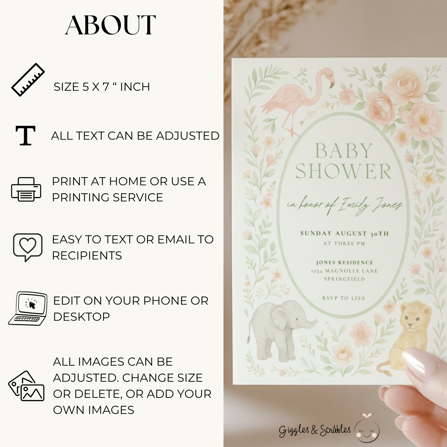 Baby Shower Invitation - Safari Girl Pastel Floral BS193