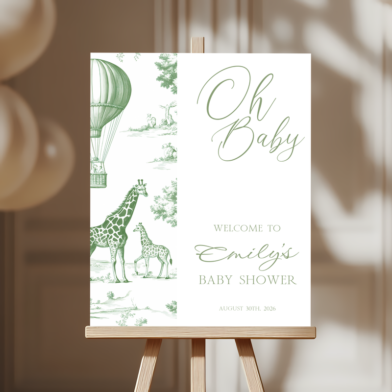 Baby Shower Welcome Sign - Sage Green Safari Toile de Jouy BS121