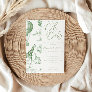 Baby Shower Invitation - Green Safari Toile de Jouy  BS121
